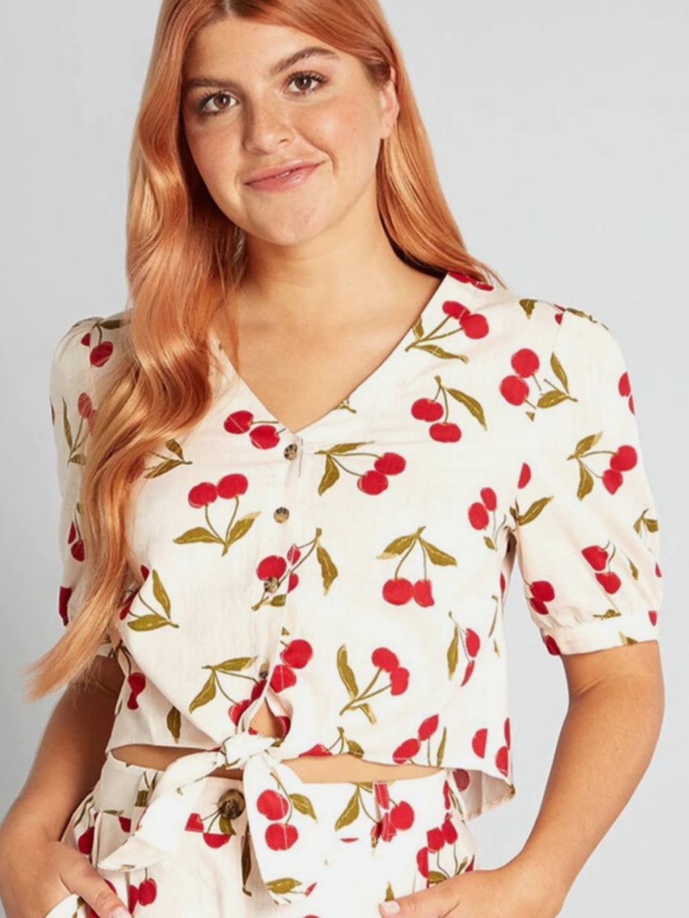 Princess Highway for ModCloth Cream Cherry Tie-Front Crop Top